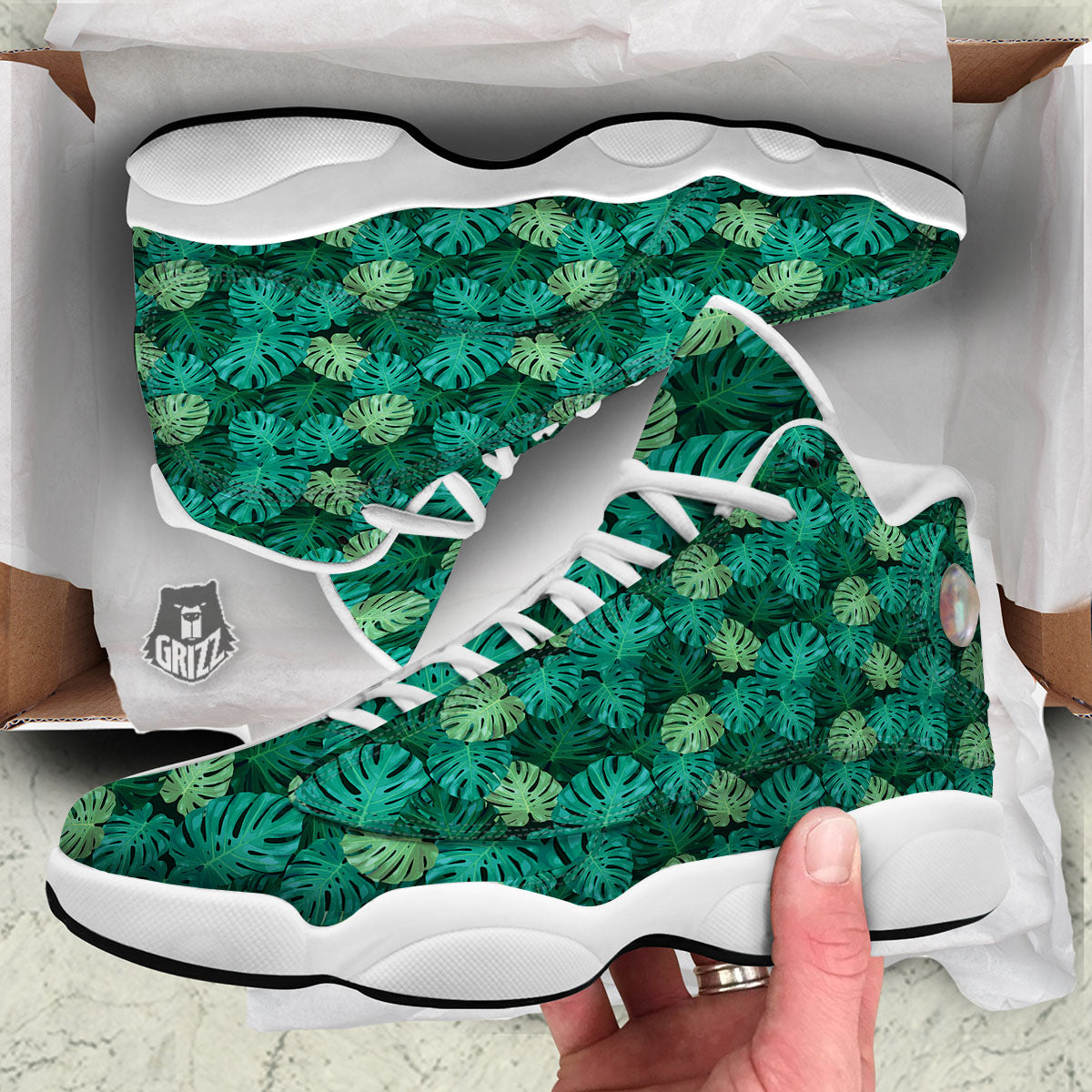 Monstera Leaf Green Print White Basketball Shoes-grizzshop