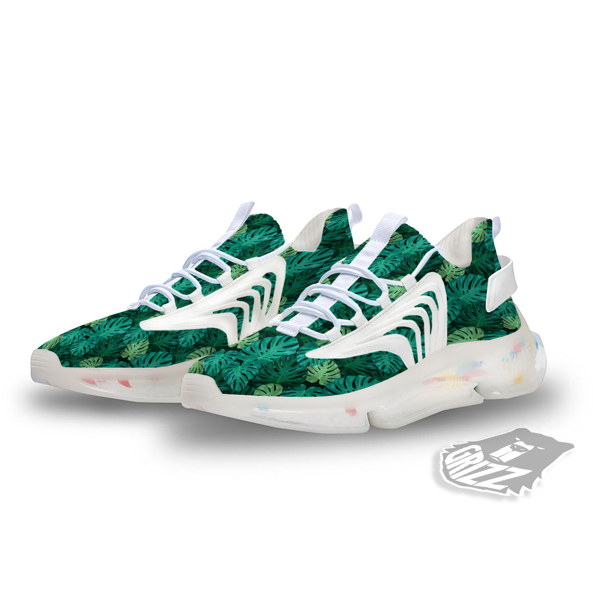 Monstera Leaf Green Print White Gym Shoes-grizzshop