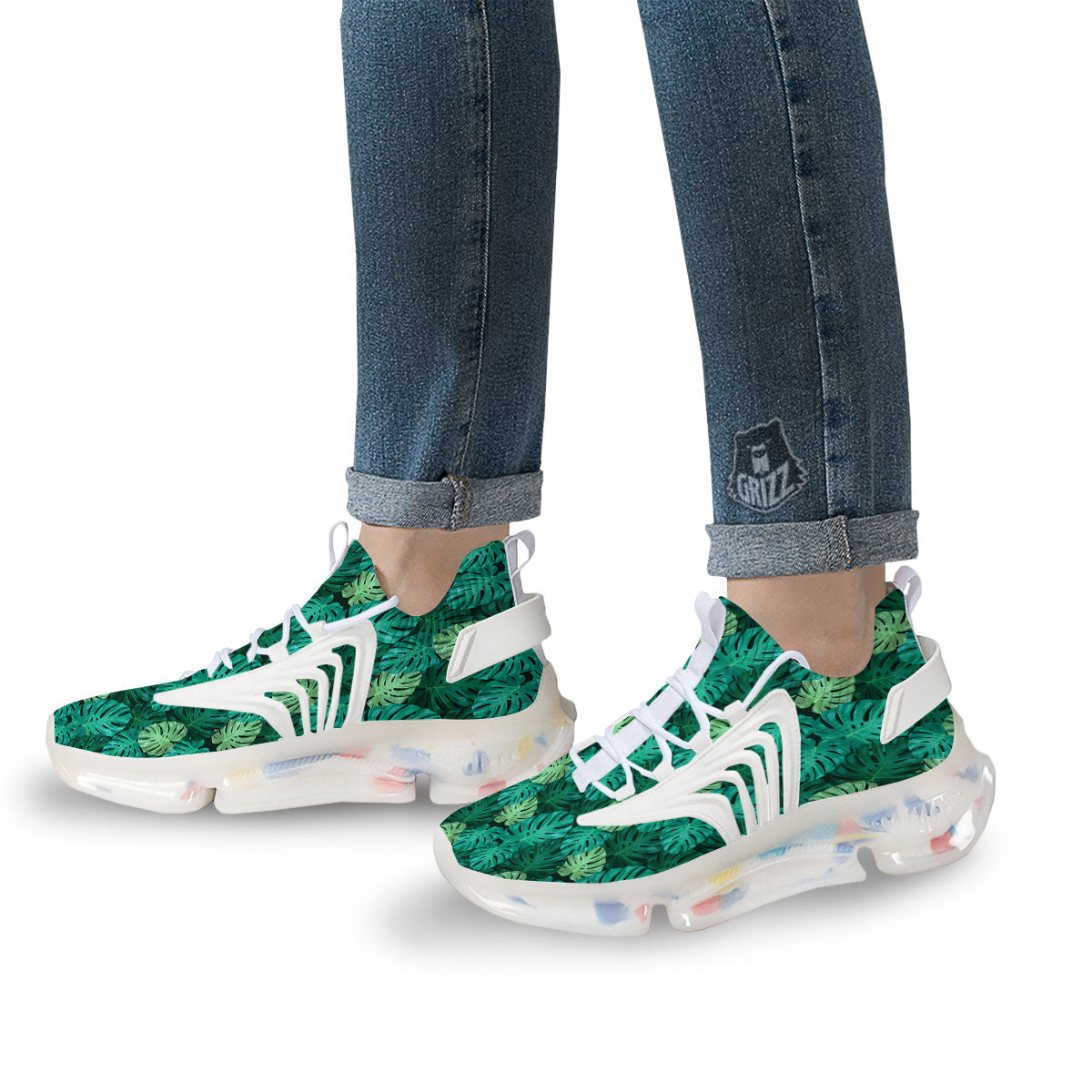 Monstera Leaf Green Print White Gym Shoes-grizzshop