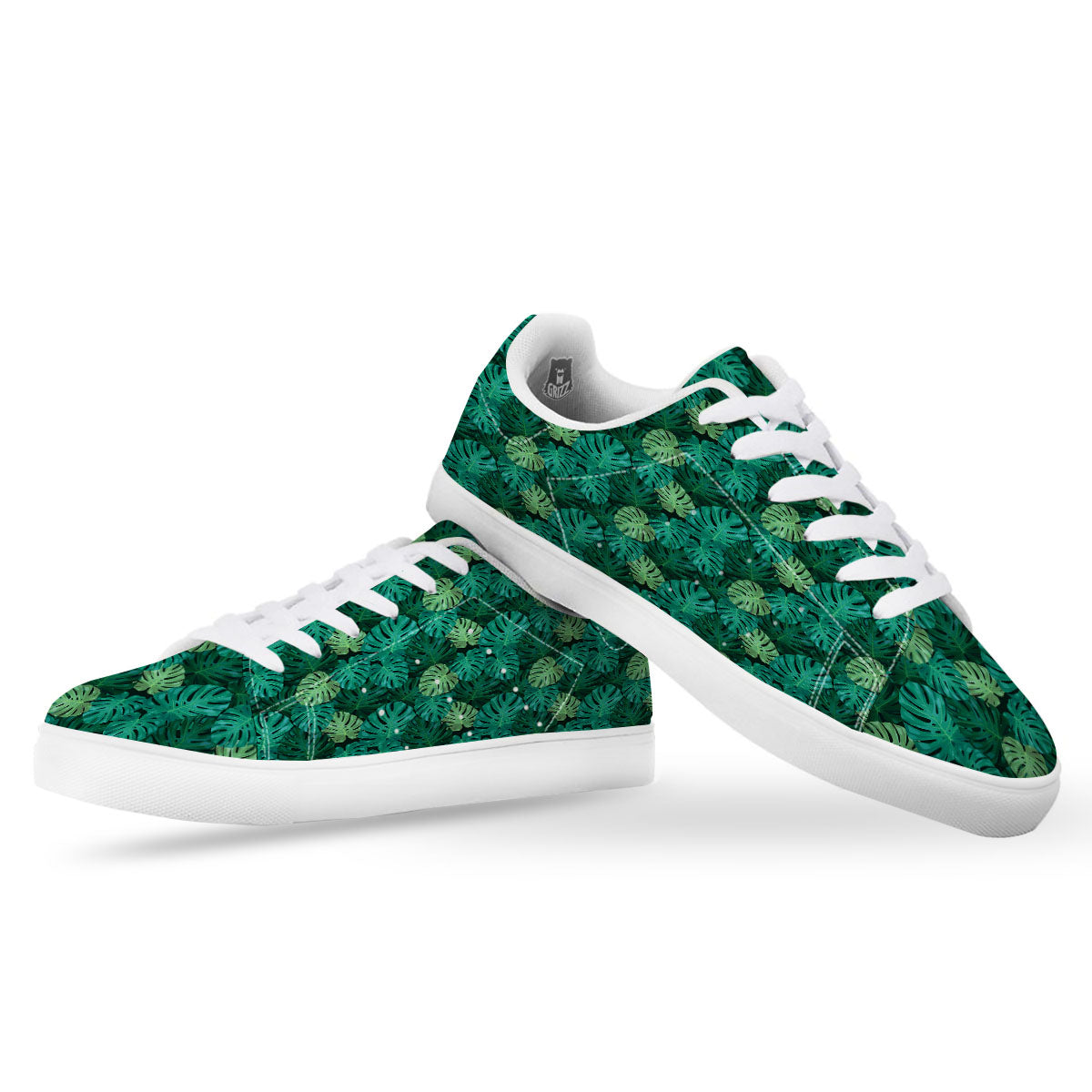Monstera Leaf Green Print White Low Top Sneakers-grizzshop