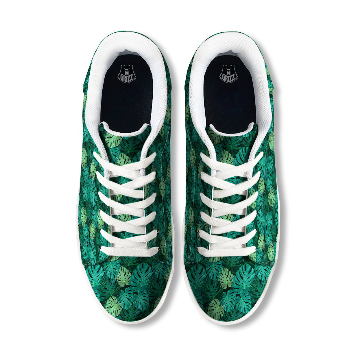Monstera Leaf Green Print White Low Top Sneakers-grizzshop