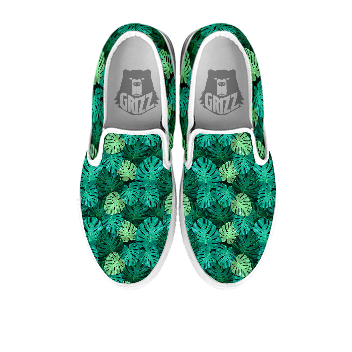 Monstera Leaf Green Print White Slip On Shoes-grizzshop