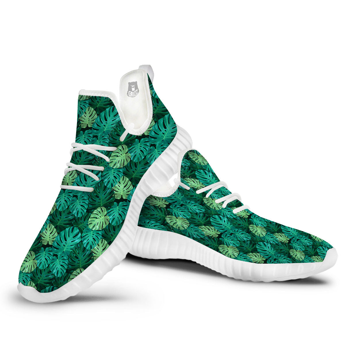 Monstera Leaf Green Print White Walking Shoes-grizzshop