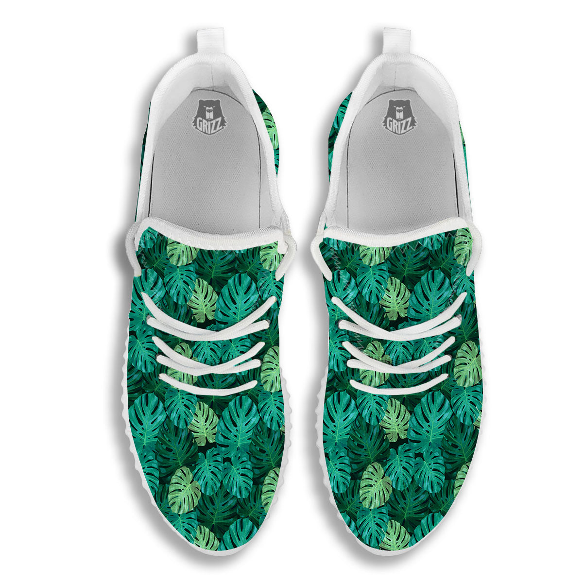 Monstera Leaf Green Print White Walking Shoes-grizzshop