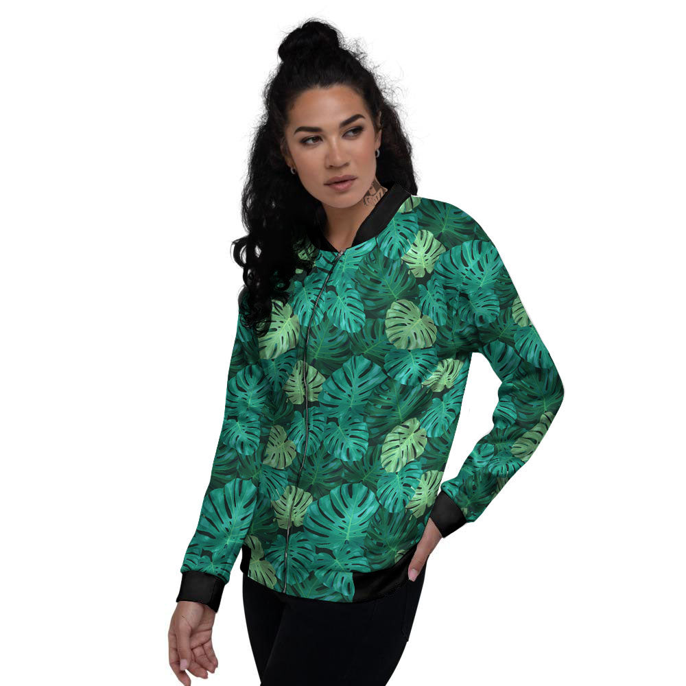 Monstera Leaf Green Print Women's Bomber Jacket-grizzshop