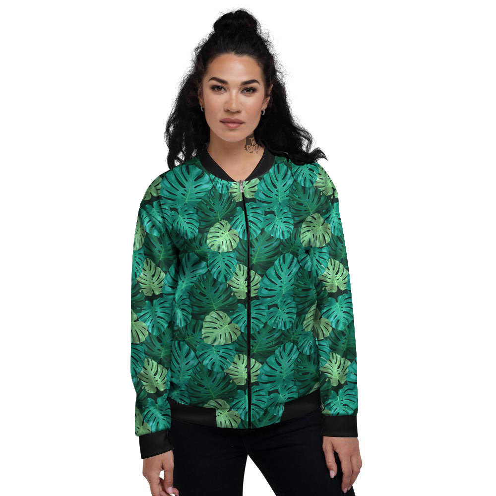 Monstera Leaf Green Print Women's Bomber Jacket-grizzshop