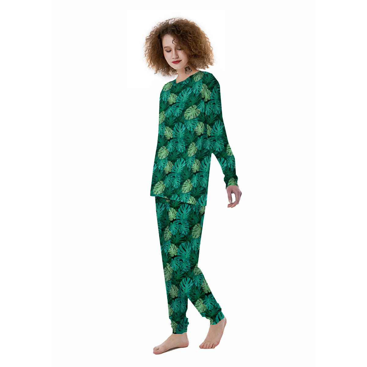 Monstera Leaf Green Print Women's Pajamas-grizzshop