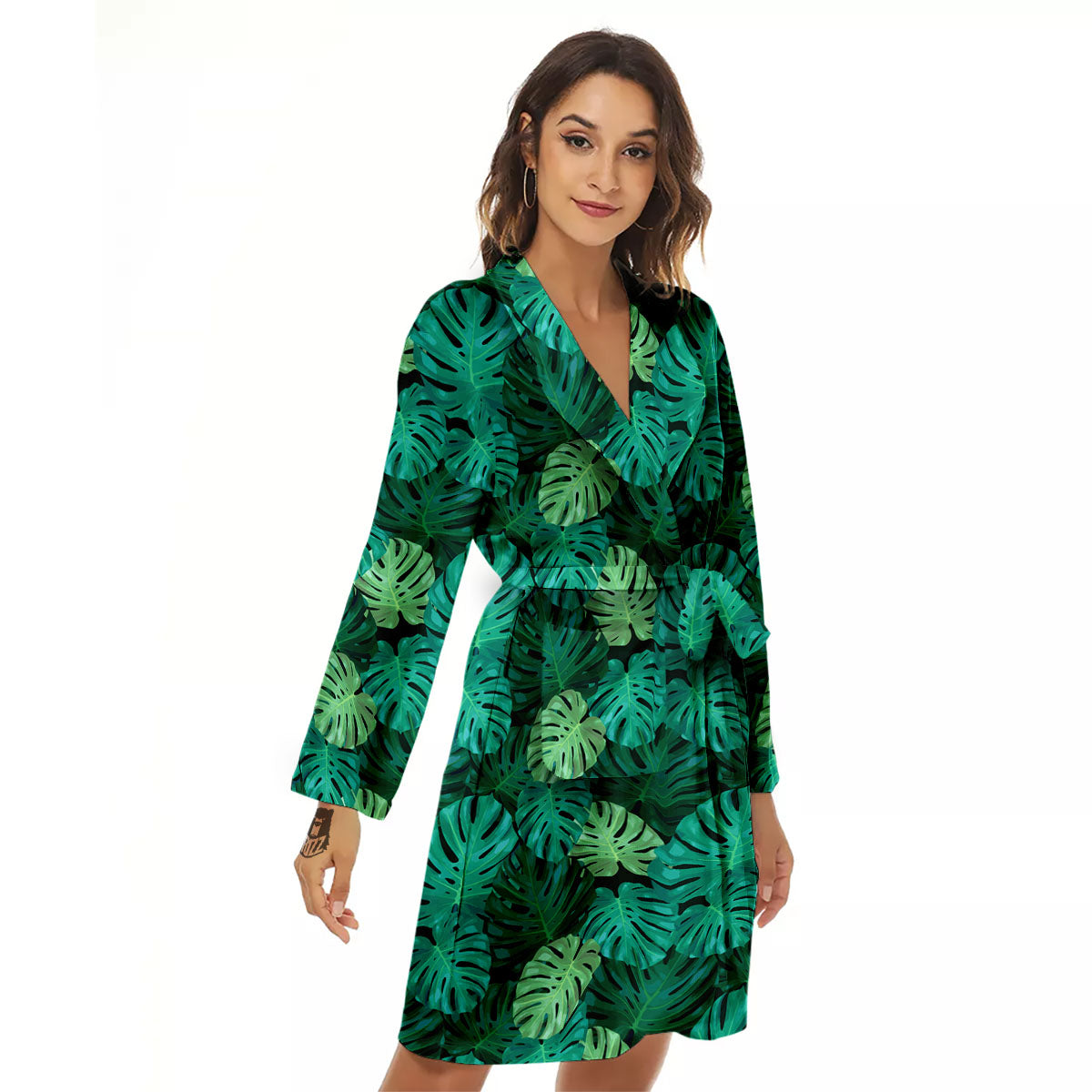 Monstera Leaf Green Print Women's Robe-grizzshop