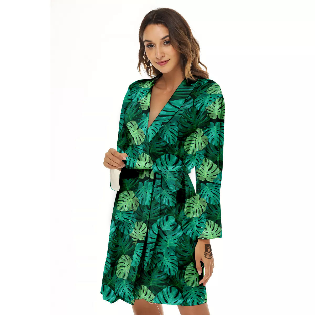 Monstera Leaf Green Print Women's Robe-grizzshop