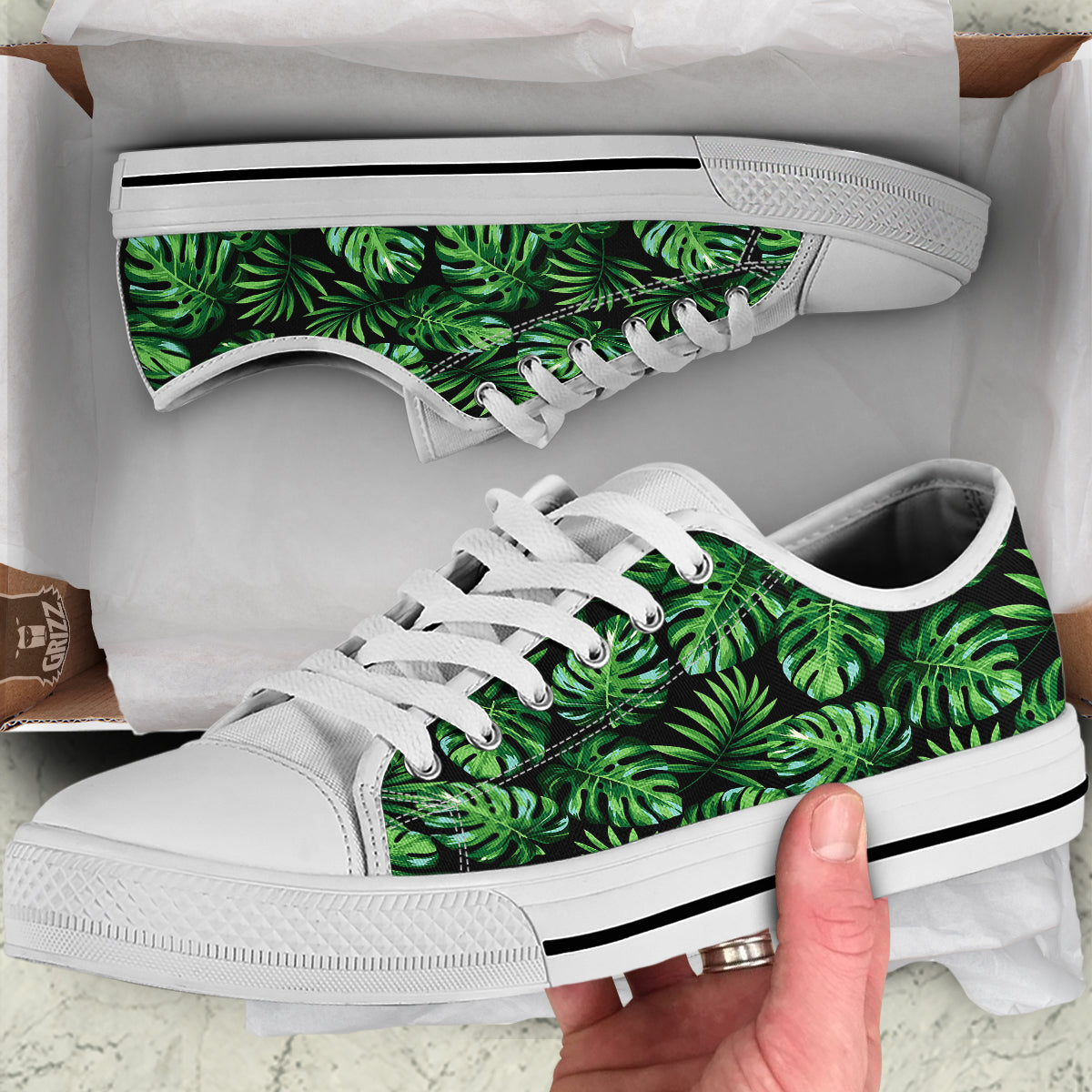 Monstera Leaves Tropical Print Pattern White Low Top Shoes-grizzshop