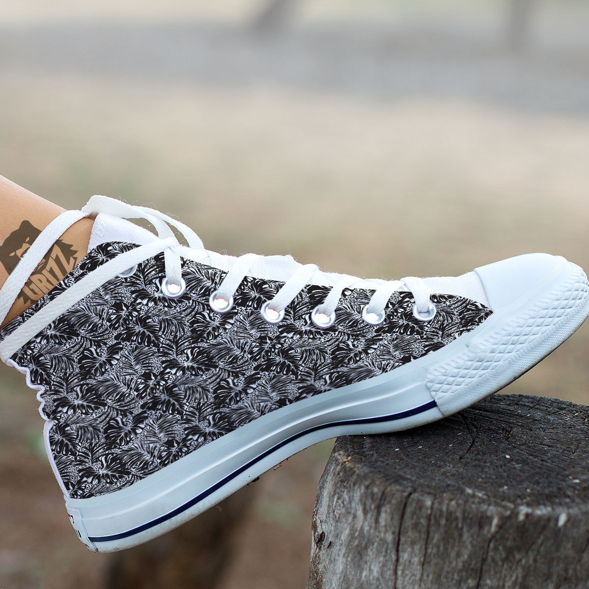 Monstera White And Black Print Pattern White High Top Shoes-grizzshop