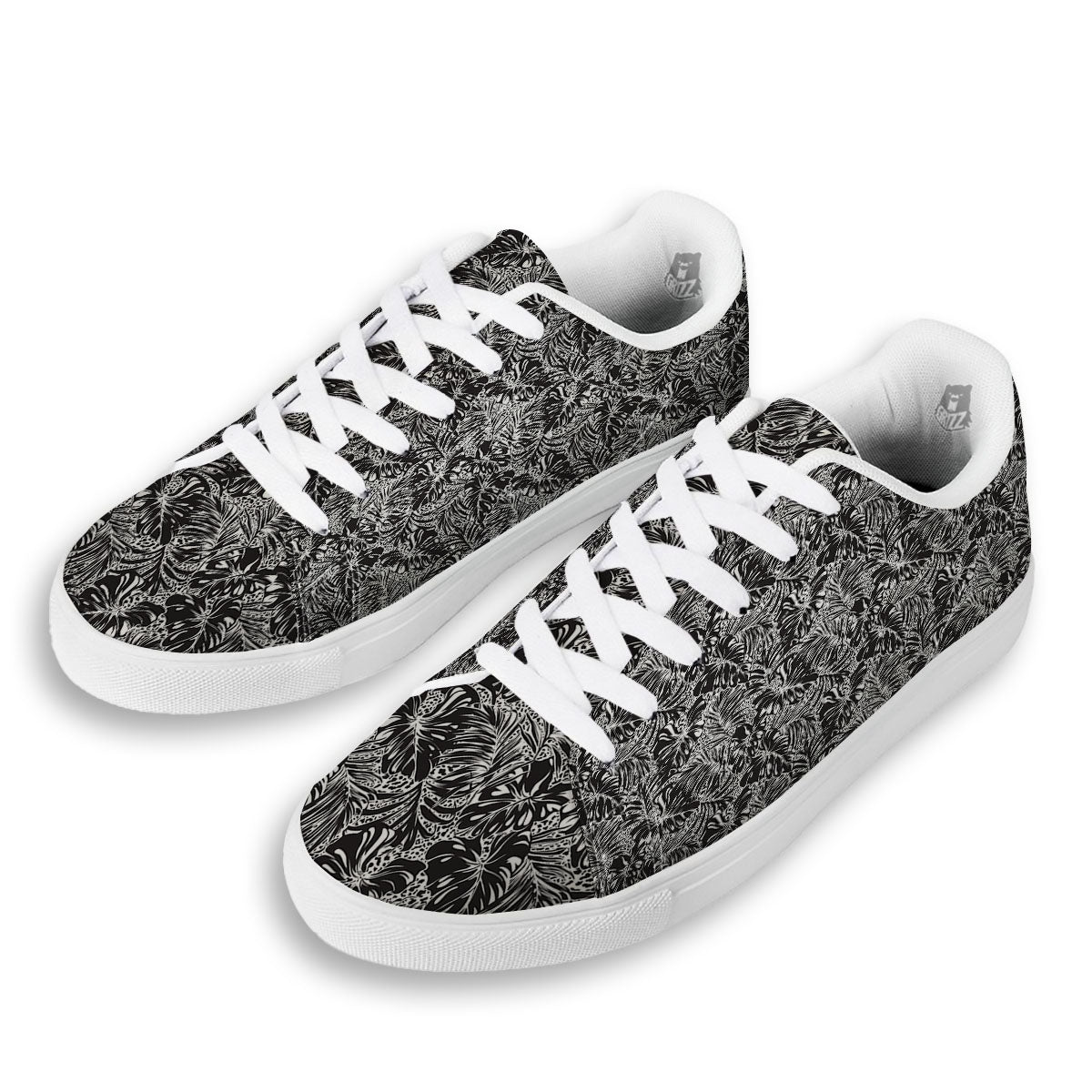Monstera White And Black Print Pattern White Low Top Sneakers-grizzshop