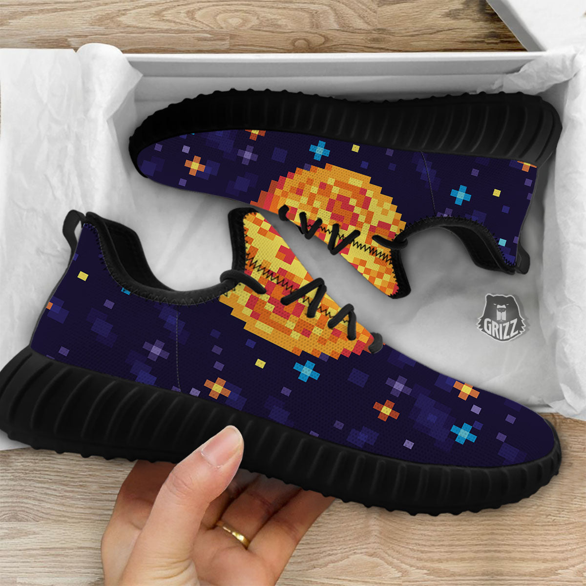 Moon 8-Bit Pixel Print Black Walking Shoes-grizzshop