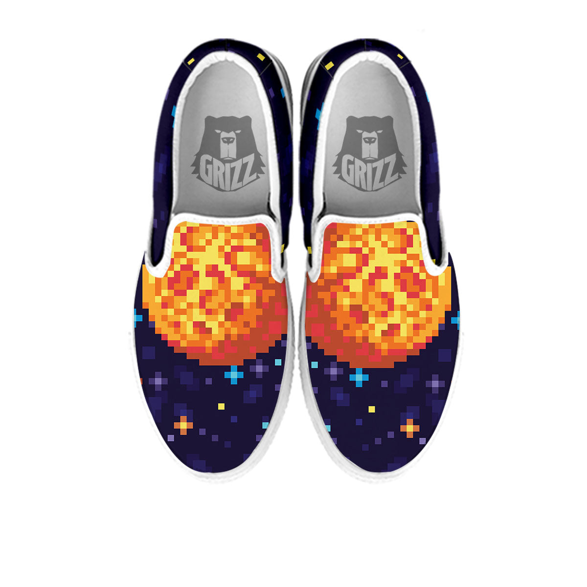 Moon 8-Bit Pixel Print White Slip On Shoes-grizzshop