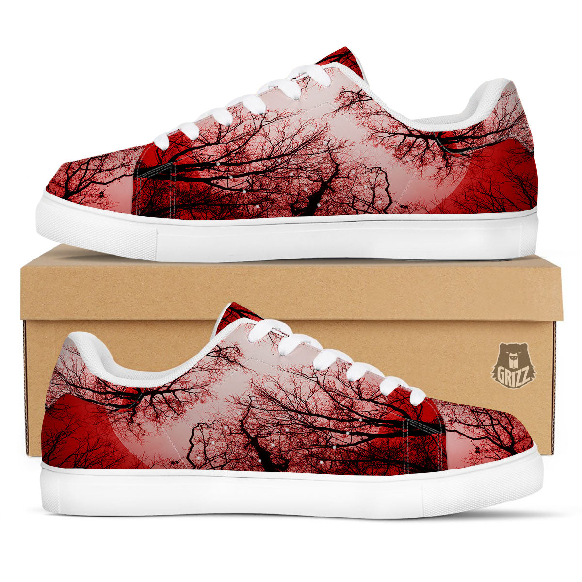 Moon And Horror Forest Print White Low Top Sneakers-grizzshop