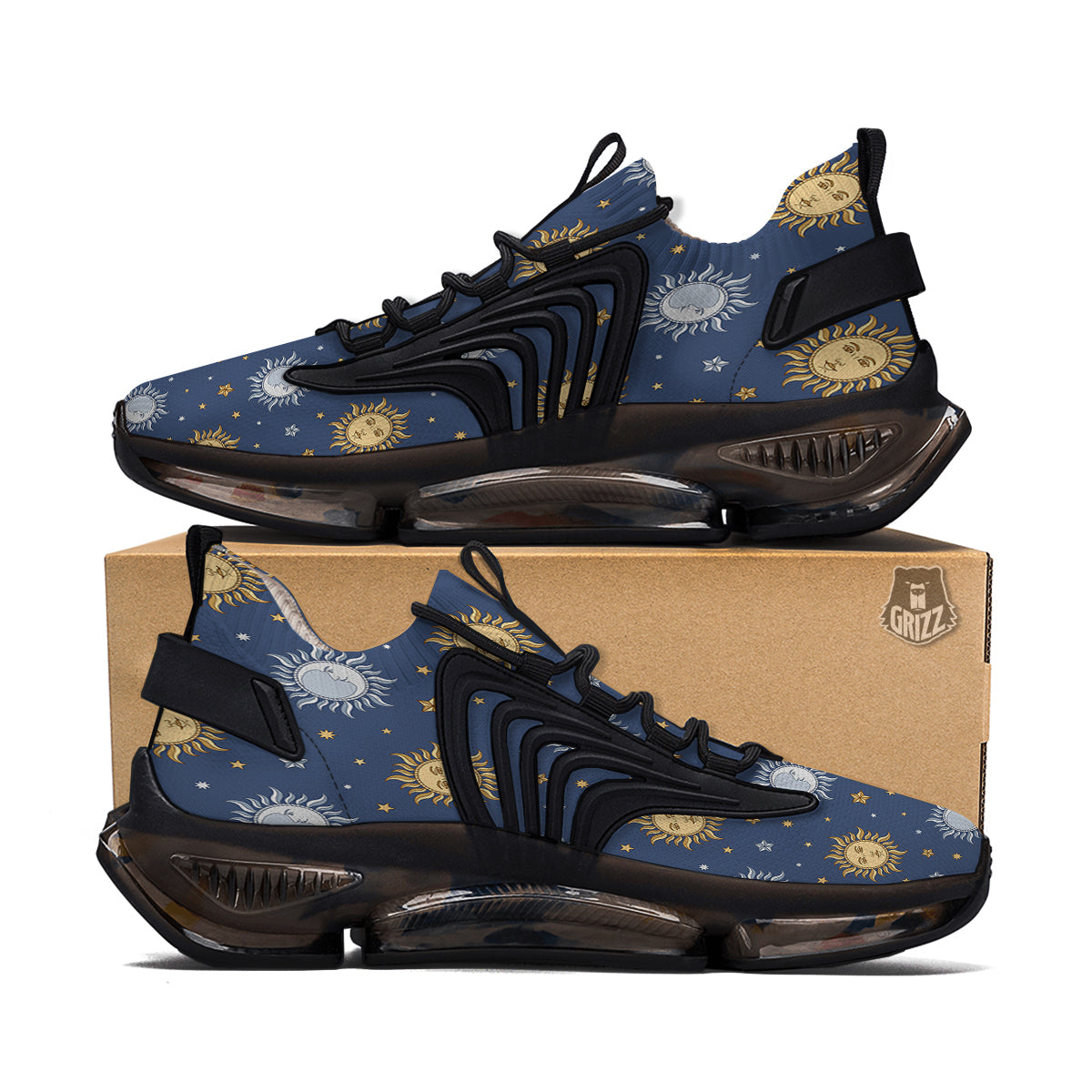 Moon And Vintage Sun Print Pattern Black Gym Shoes-grizzshop