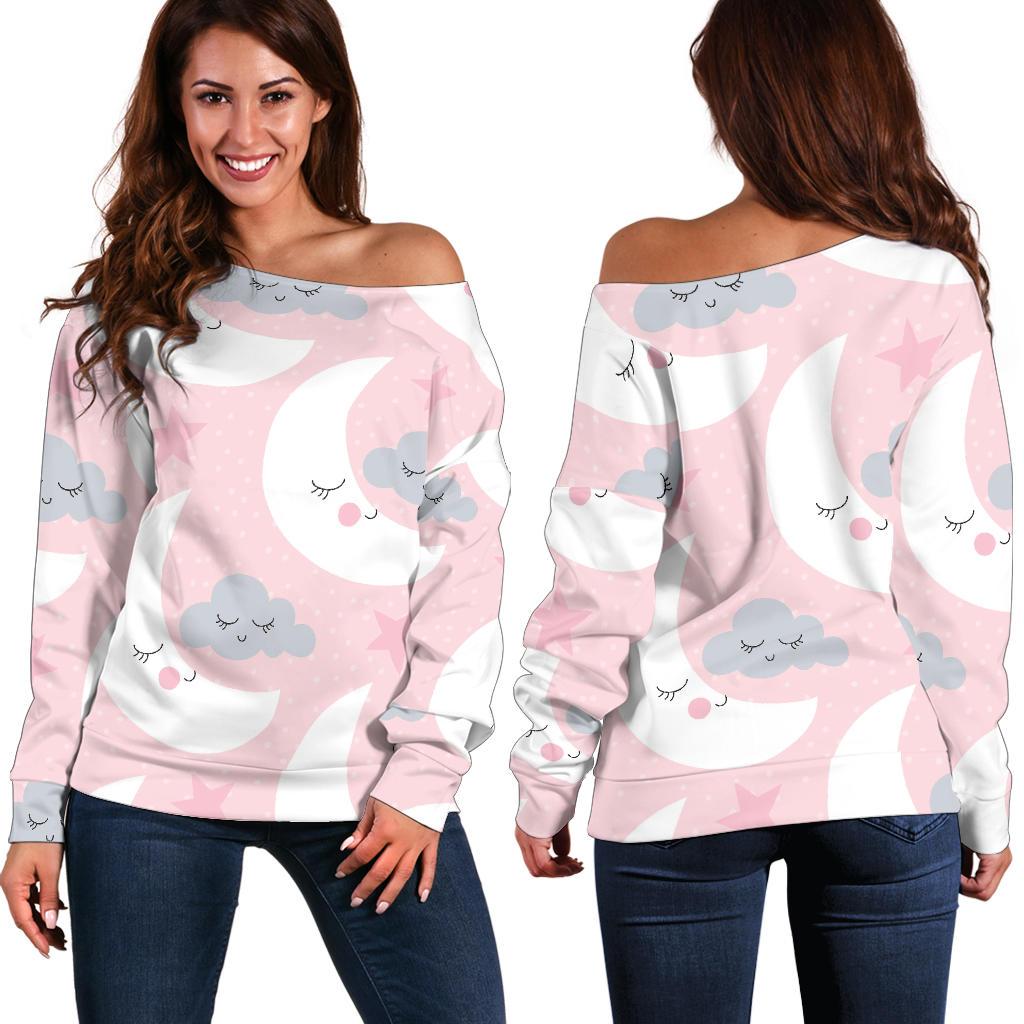 Moon Pattern Print Women Off Shoulder Sweatshirt-grizzshop