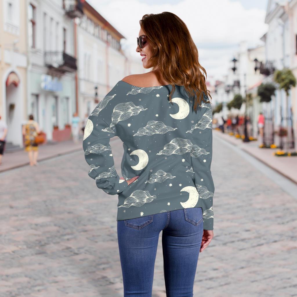 Moon Print Pattern Women Off Shoulder Sweatshirt-grizzshop