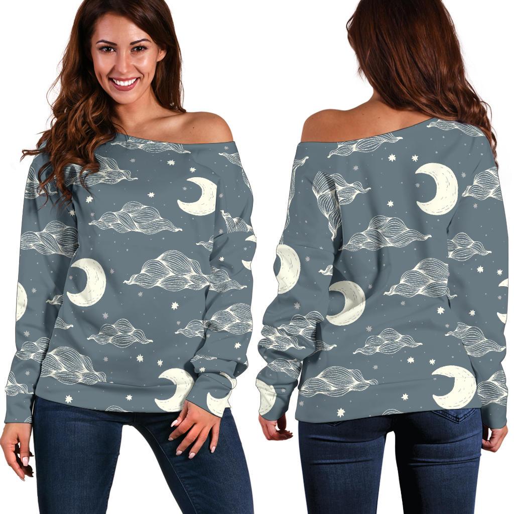 Moon Print Pattern Women Off Shoulder Sweatshirt-grizzshop