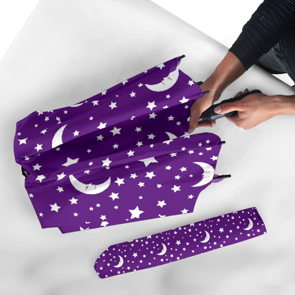 Moon Purple Pattern Print Automatic Foldable Umbrella-grizzshop