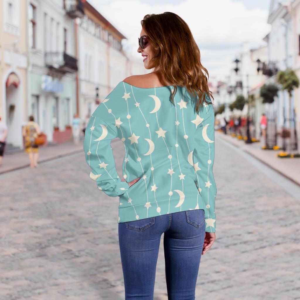 Moon Star Pattern Print Women Off Shoulder Sweatshirt-grizzshop