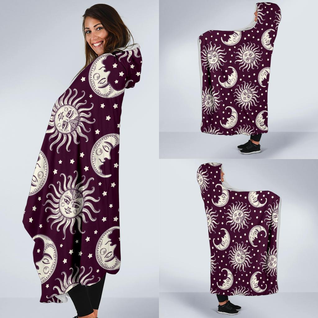 Moon Sun Celestial Pattern Print Hooded Blanket-grizzshop