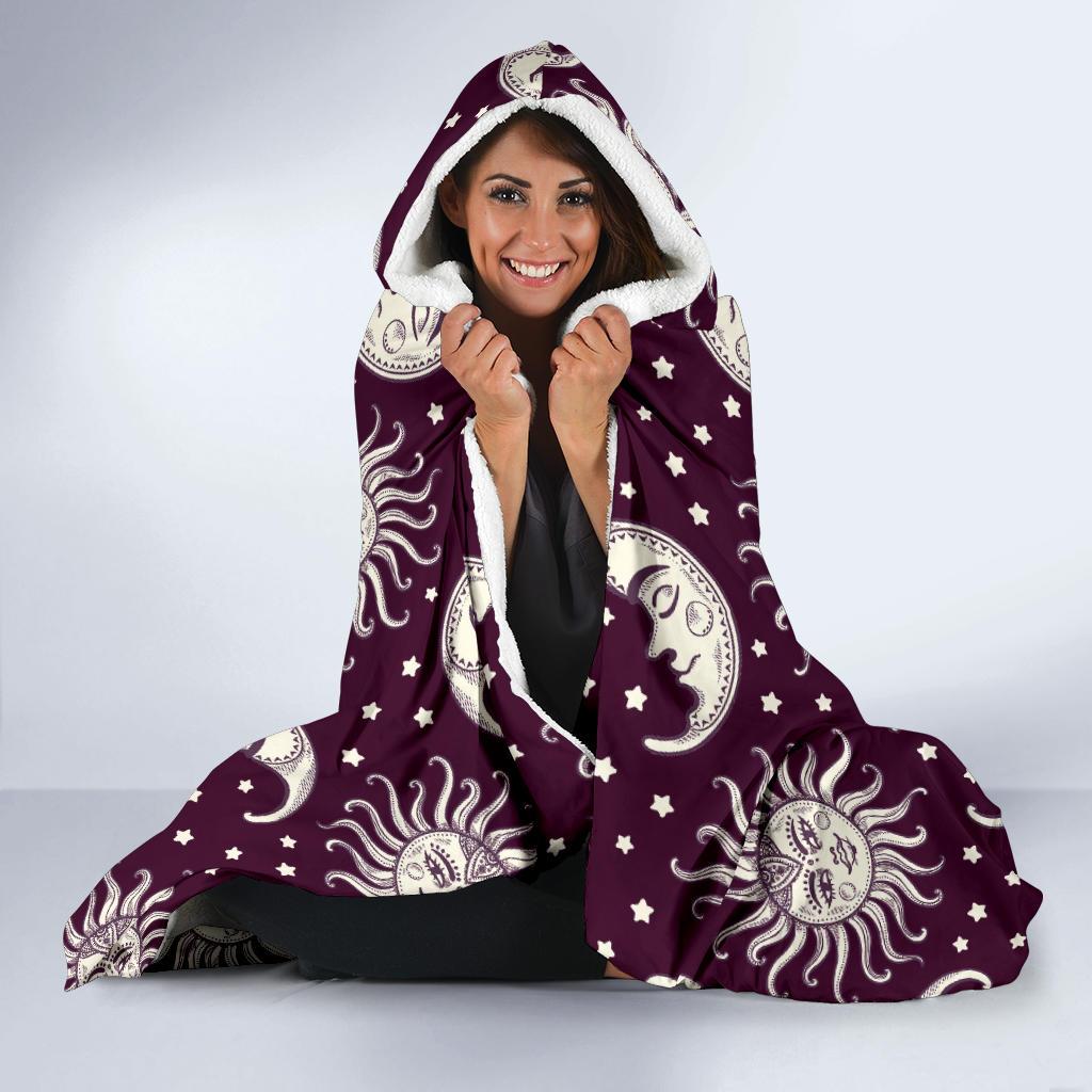 Moon Sun Celestial Pattern Print Hooded Blanket-grizzshop