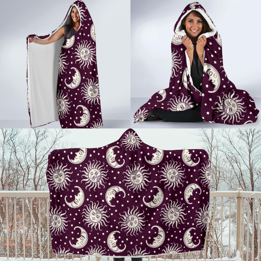Moon Sun Celestial Pattern Print Hooded Blanket-grizzshop
