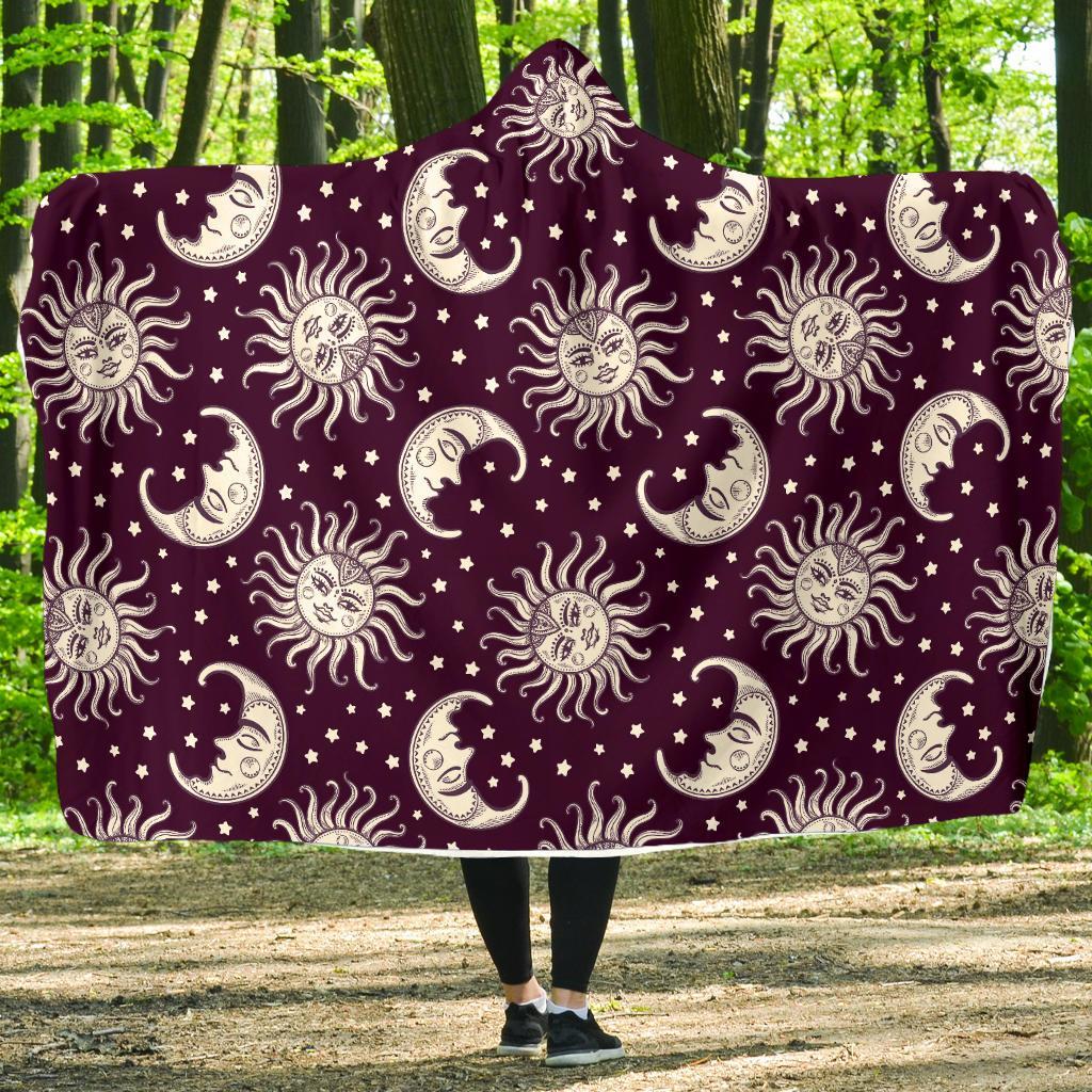 Moon Sun Celestial Pattern Print Hooded Blanket-grizzshop