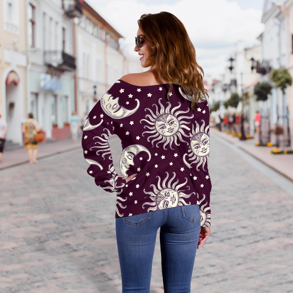 Moon Sun Celestial Pattern Print Women Off Shoulder Sweatshirt-grizzshop