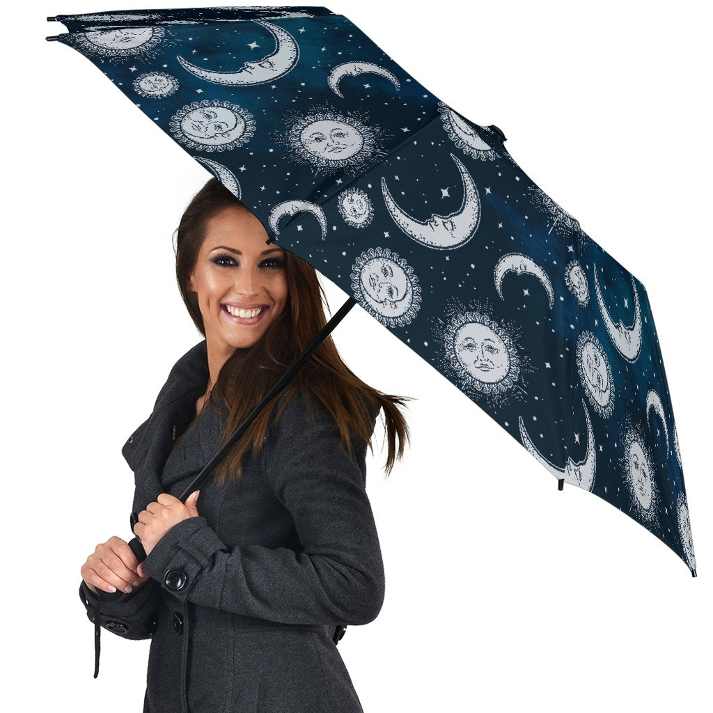 Moon Sun Pattern Print Automatic Foldable Umbrella-grizzshop
