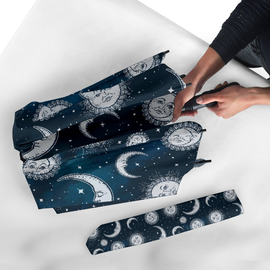 Moon Sun Pattern Print Automatic Foldable Umbrella-grizzshop