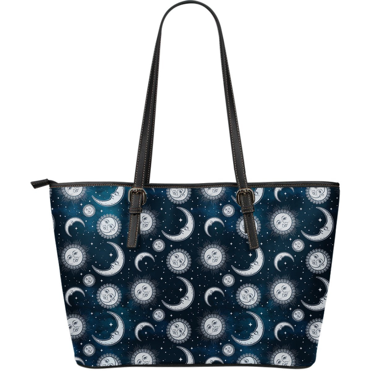 Moon Sun Pattern Print Leather Tote Bag-grizzshop