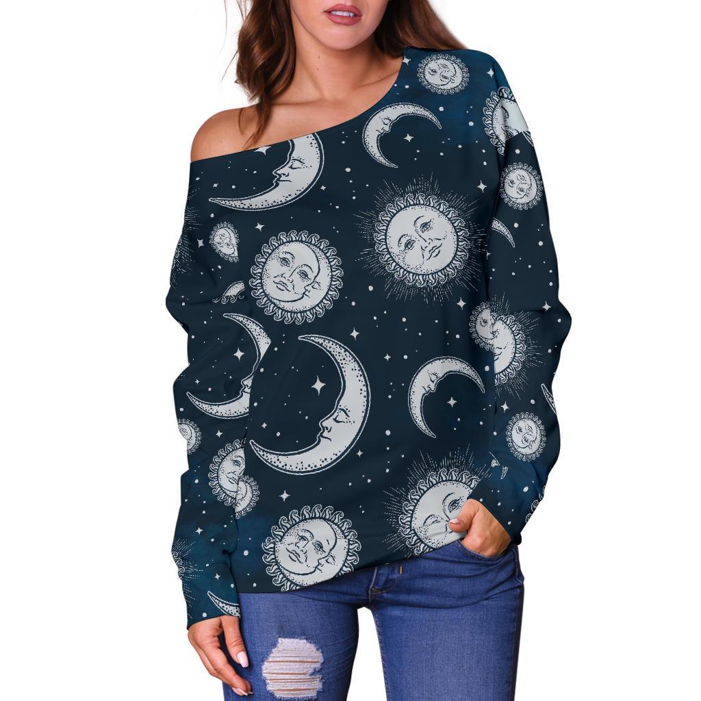 Moon Sun Pattern Print Women Off Shoulder Sweatshirt-grizzshop