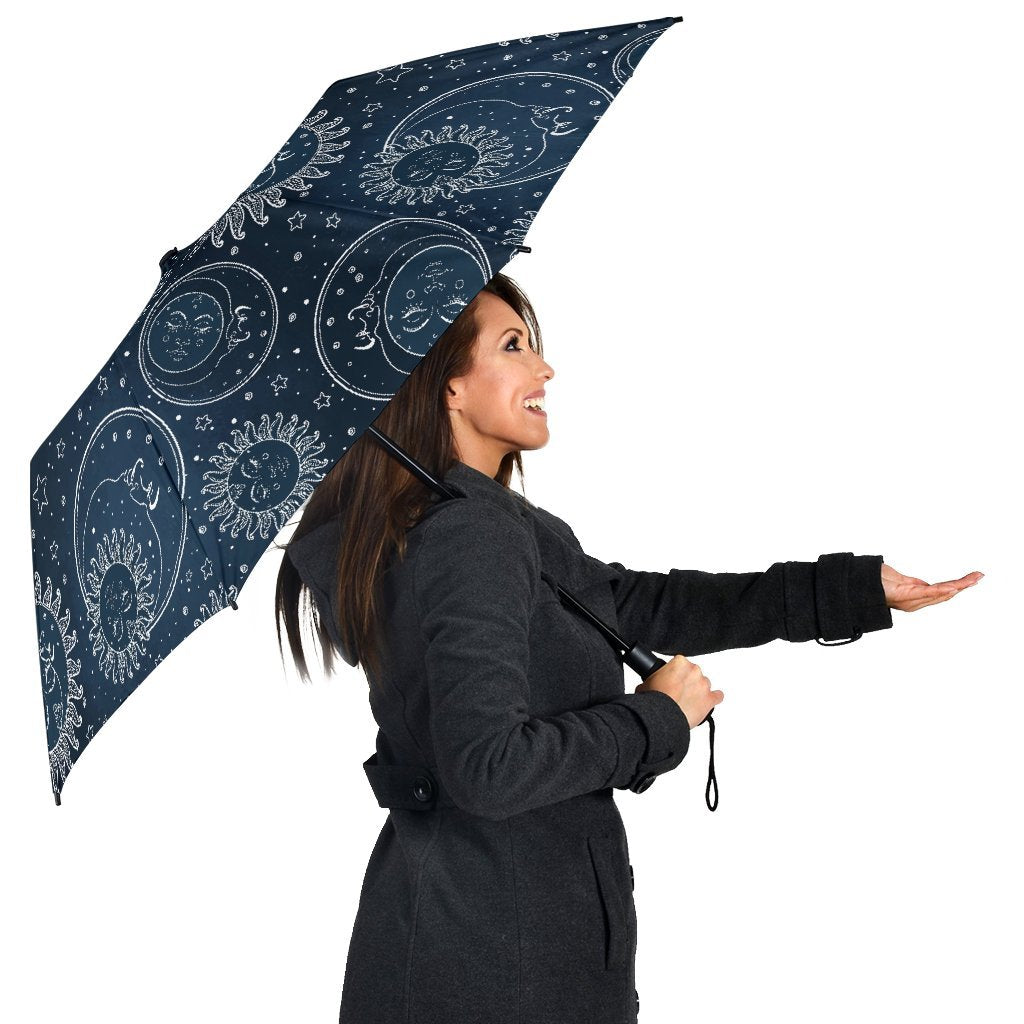 Moon Sun Print Pattern Automatic Foldable Umbrella-grizzshop