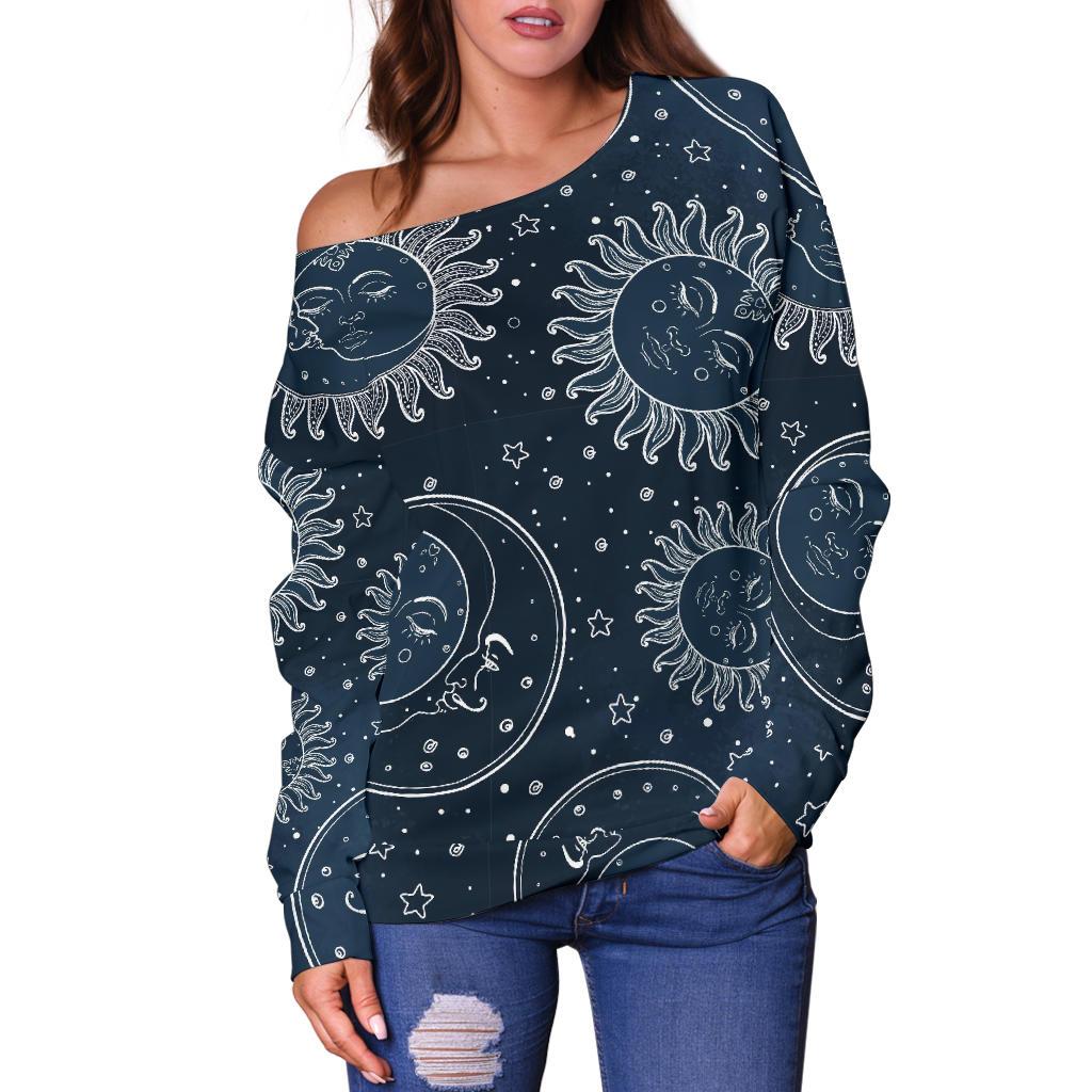 Moon Sun Print Pattern Women Off Shoulder Sweatshirt-grizzshop