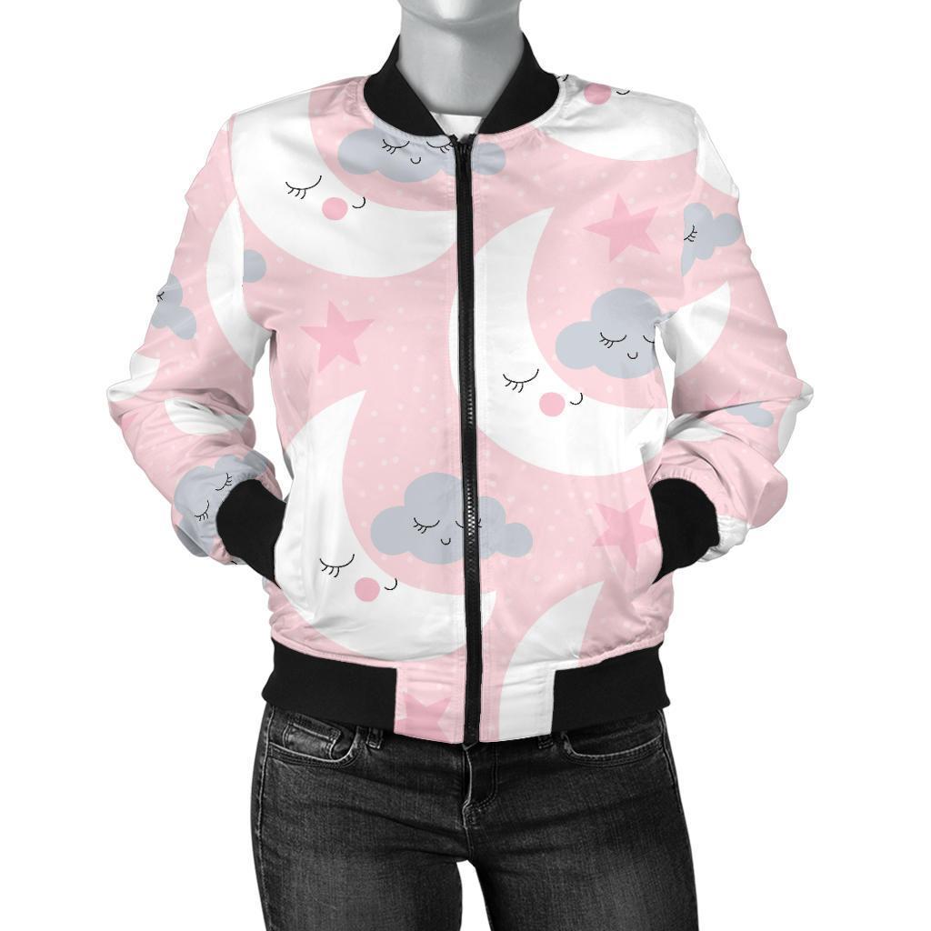 Moon Pattern Print Women Casual Bomber Jacket-grizzshop