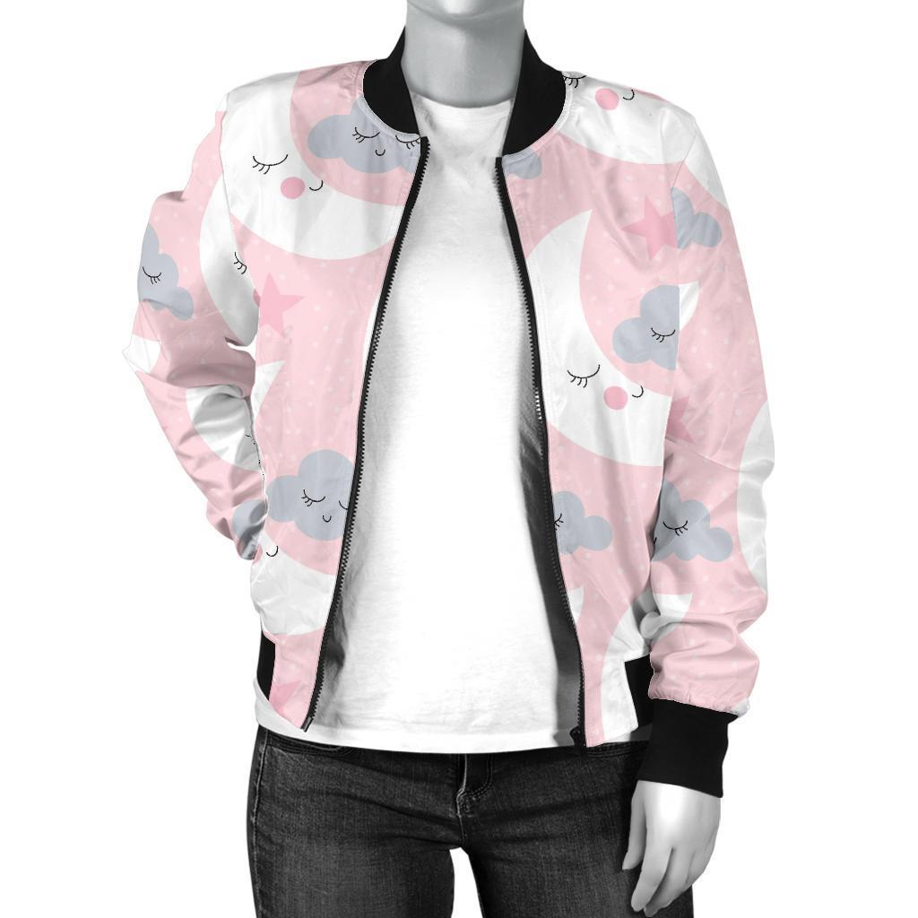 Moon Pattern Print Women Casual Bomber Jacket-grizzshop