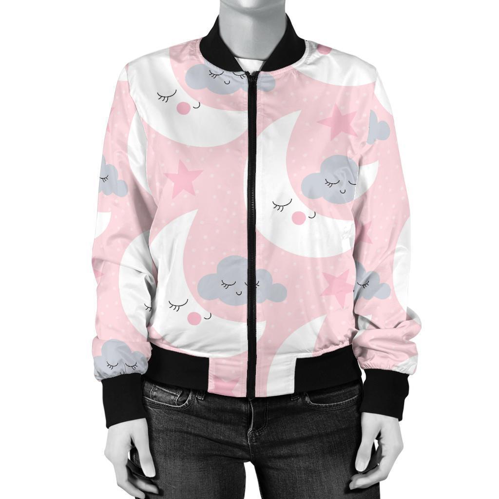 Moon Pattern Print Women Casual Bomber Jacket-grizzshop