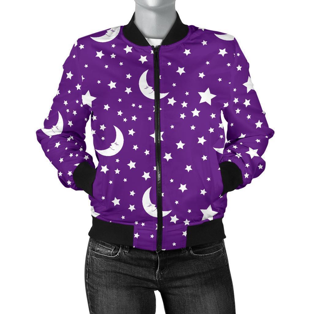 Moon Purple Pattern Print Women Casual Bomber Jacket-grizzshop