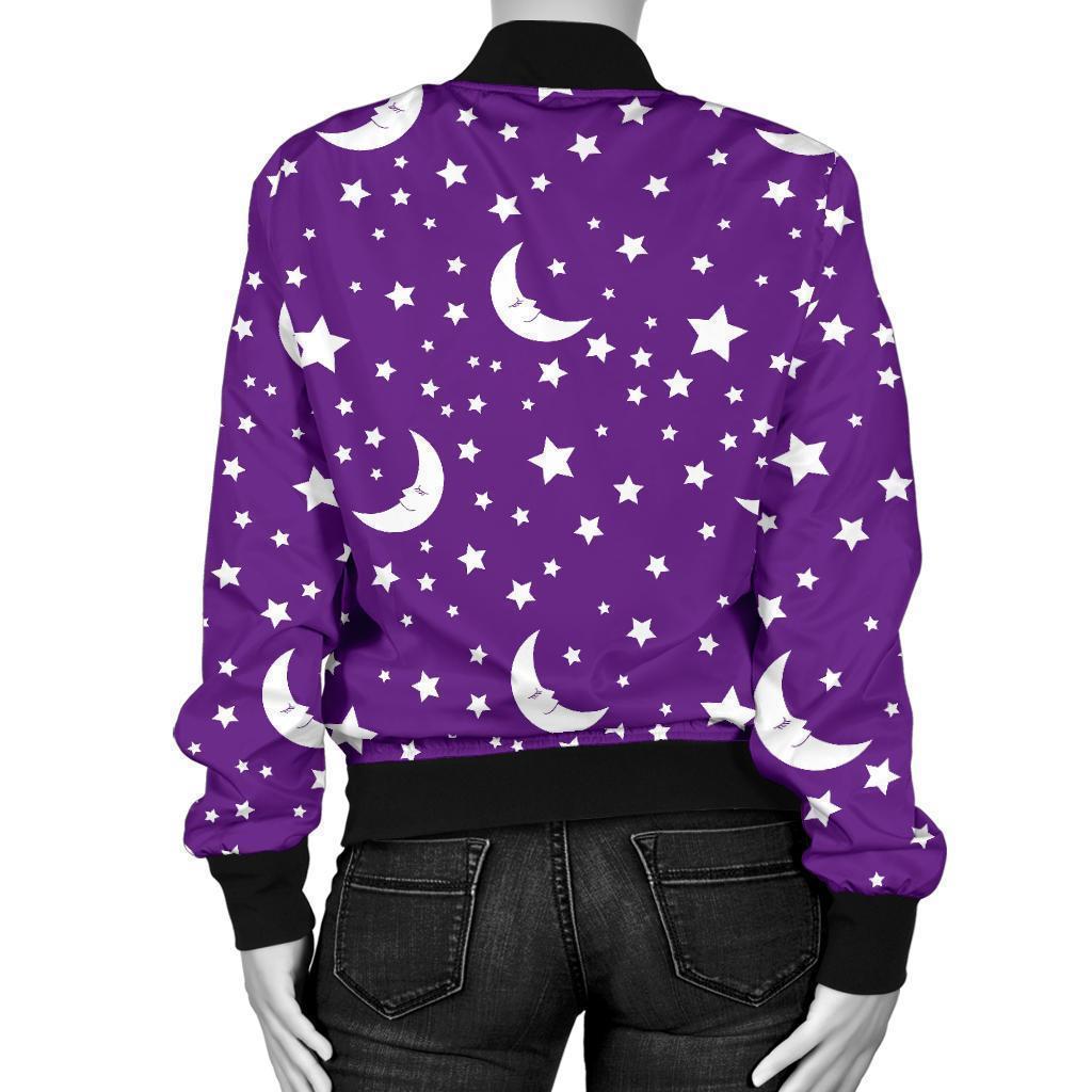 Moon Purple Pattern Print Women Casual Bomber Jacket-grizzshop