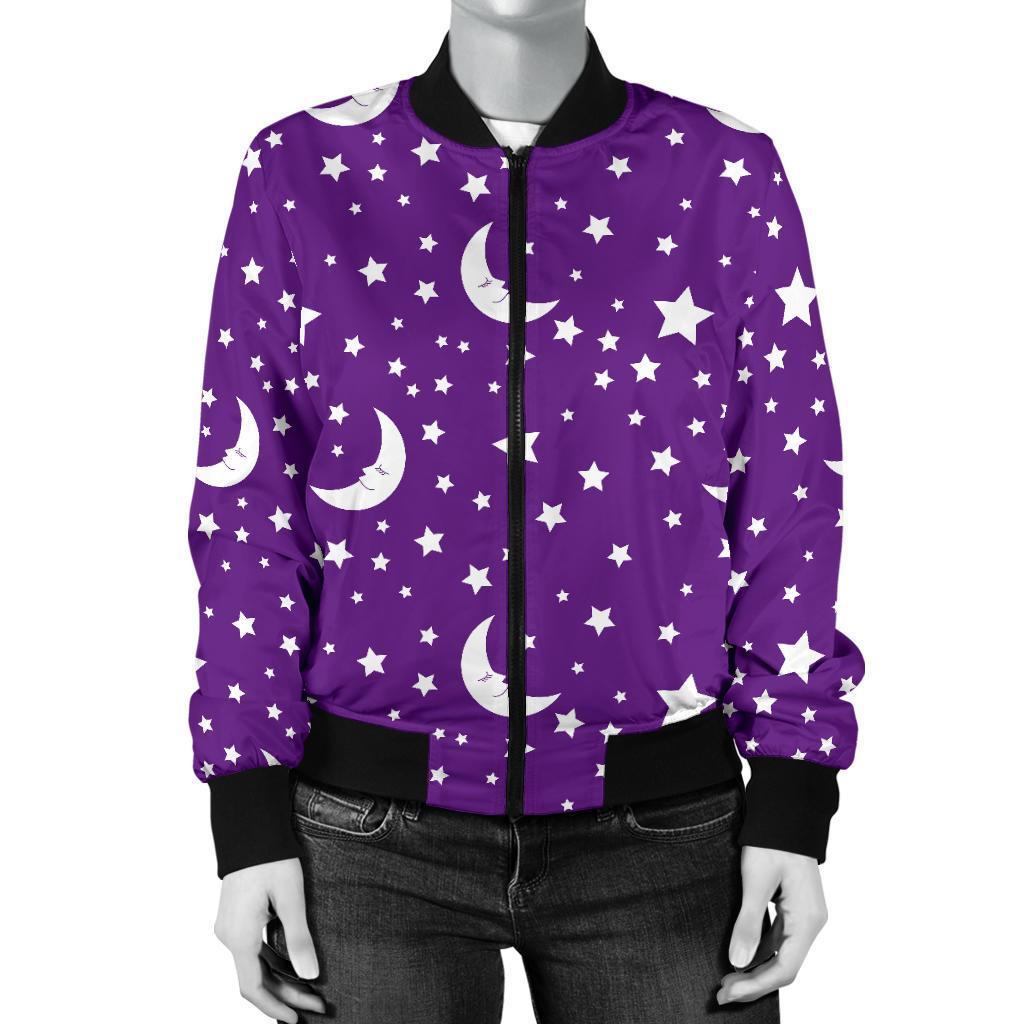 Moon Purple Pattern Print Women Casual Bomber Jacket-grizzshop