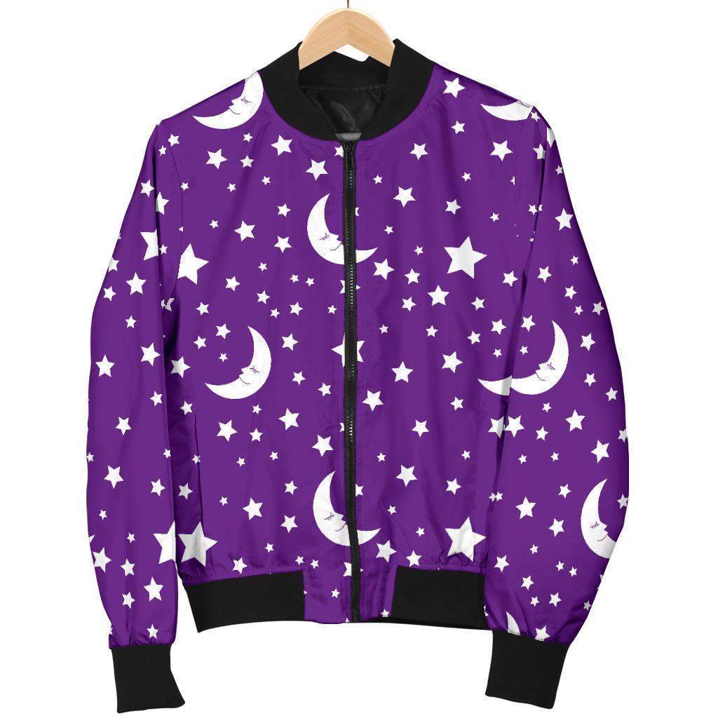 Moon Purple Pattern Print Women Casual Bomber Jacket-grizzshop