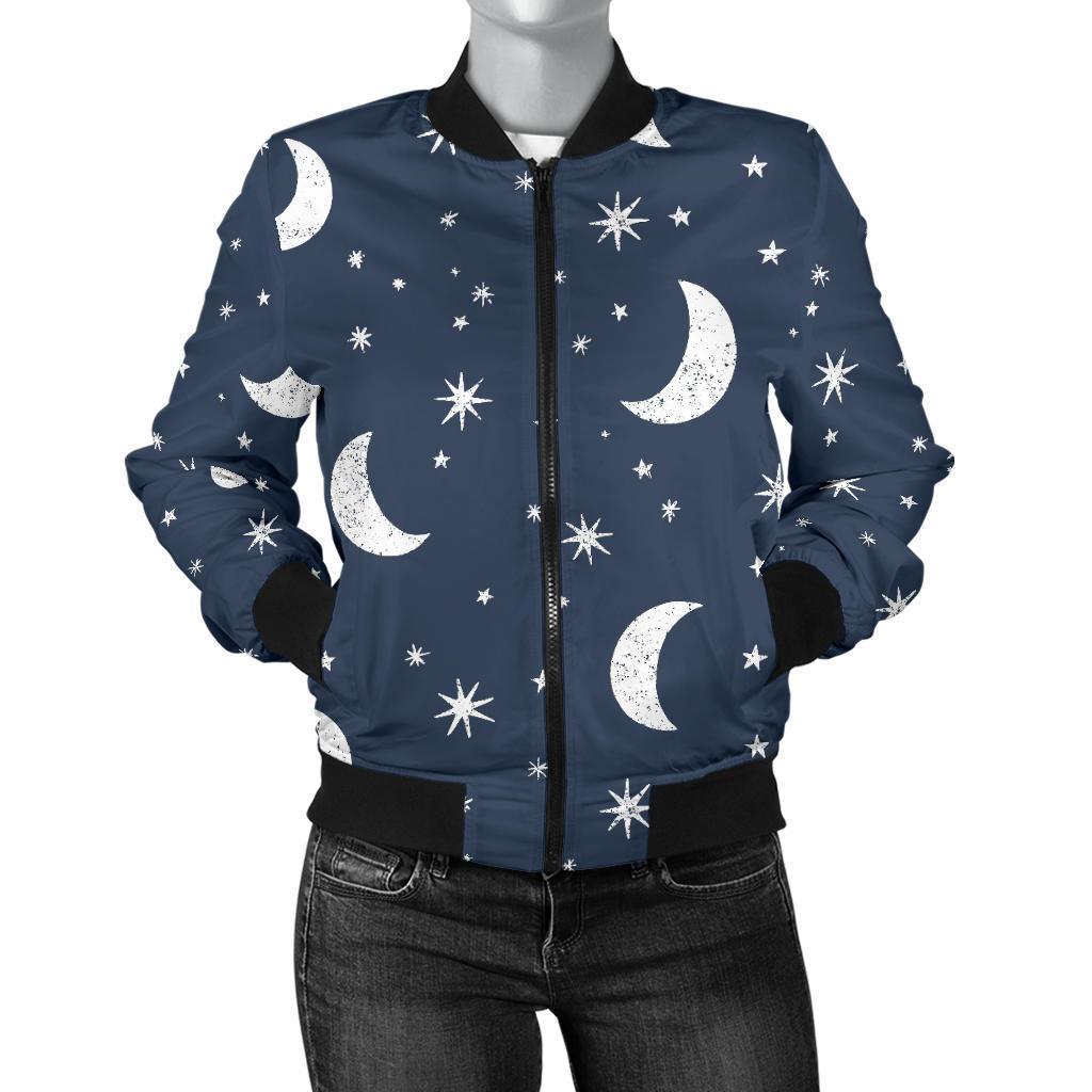 Moon Star Print Pattern Women Casual Bomber Jacket-grizzshop