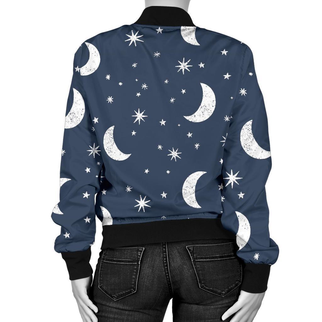 Moon Star Print Pattern Women Casual Bomber Jacket-grizzshop