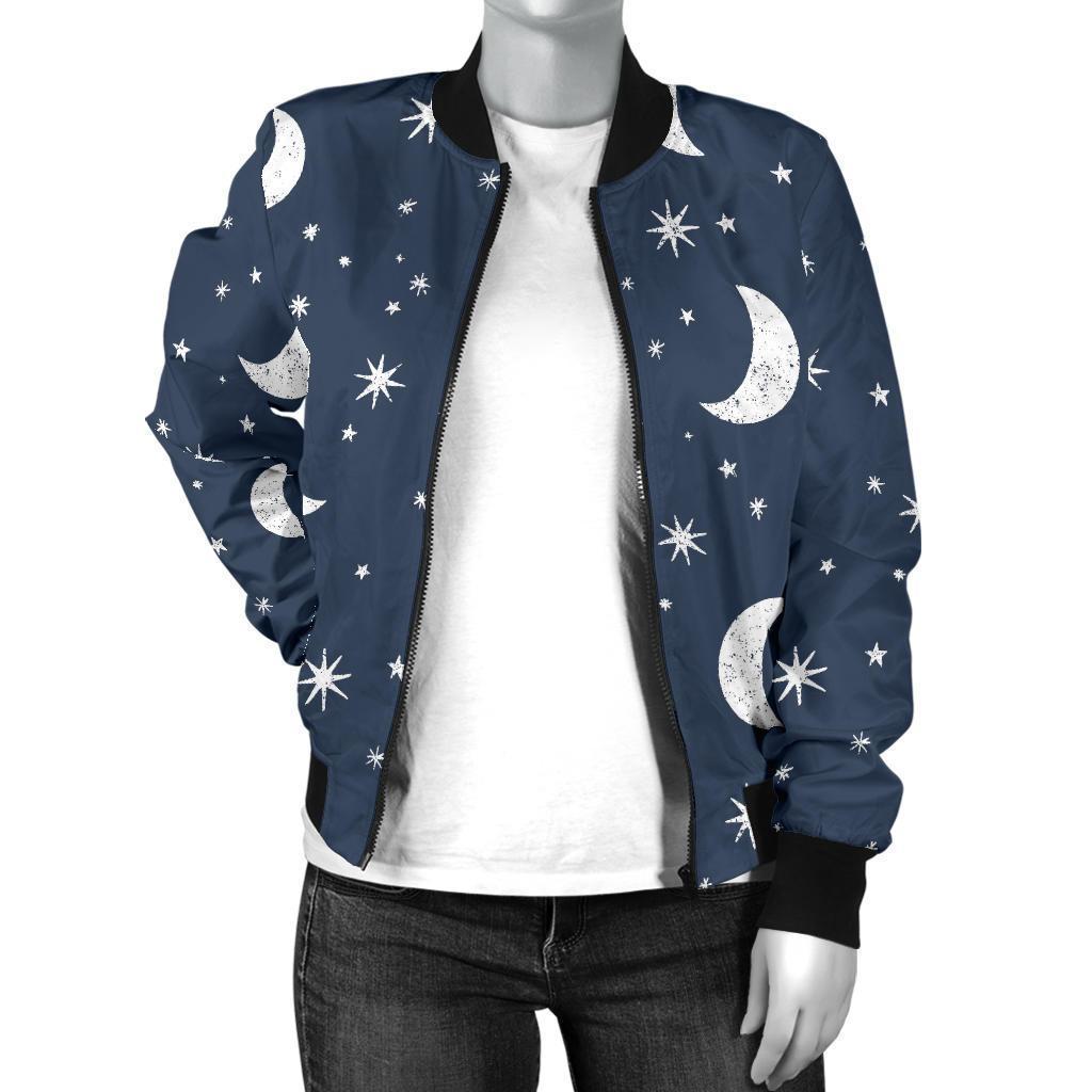 Moon Star Print Pattern Women Casual Bomber Jacket-grizzshop