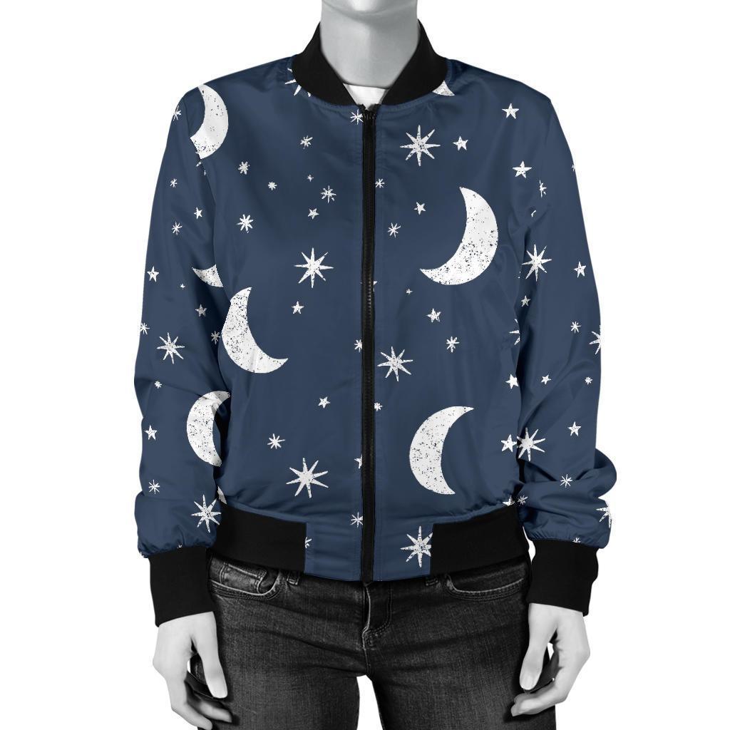 Moon Star Print Pattern Women Casual Bomber Jacket-grizzshop