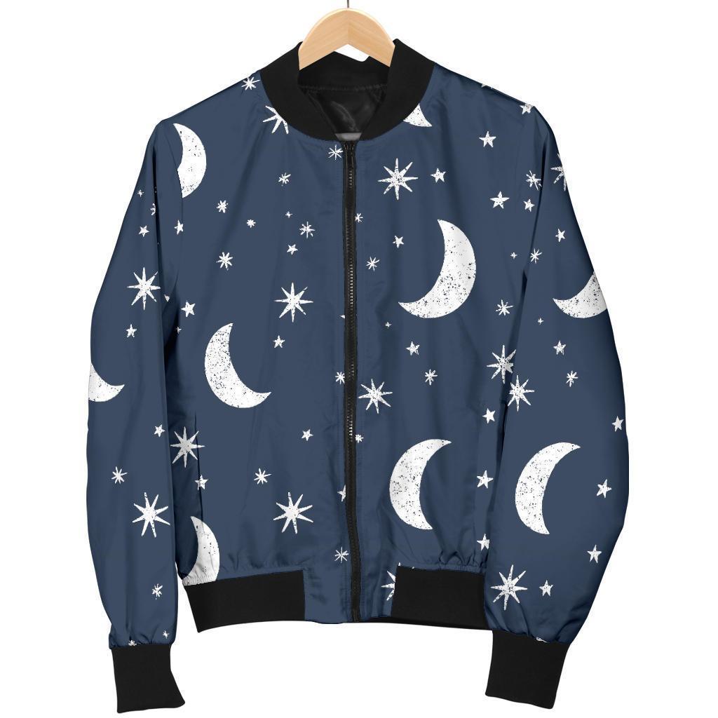 Moon Star Print Pattern Women Casual Bomber Jacket-grizzshop