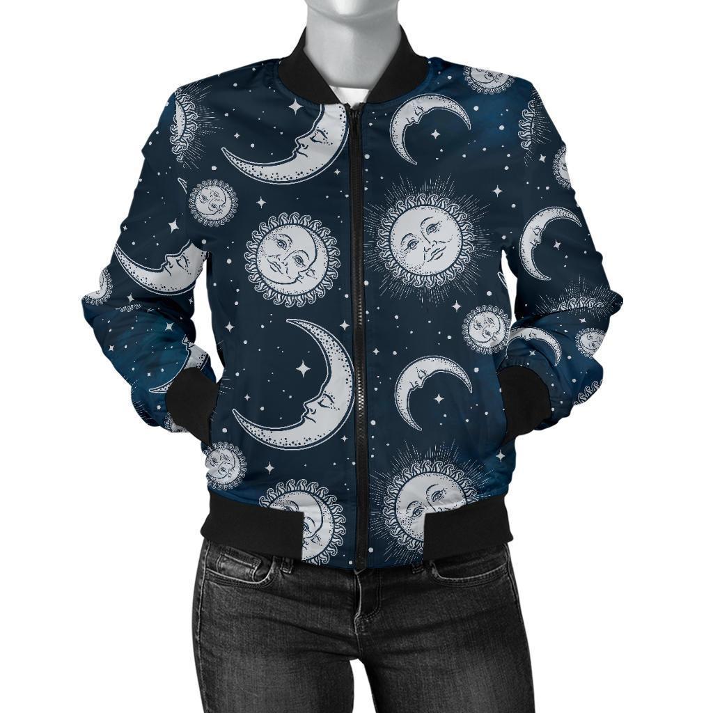 Moon Sun Pattern Print Women Casual Bomber Jacket-grizzshop