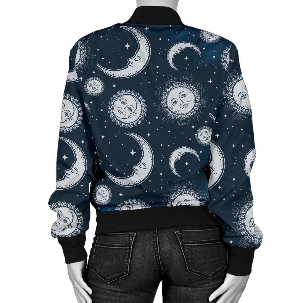 Moon Sun Pattern Print Women Casual Bomber Jacket-grizzshop